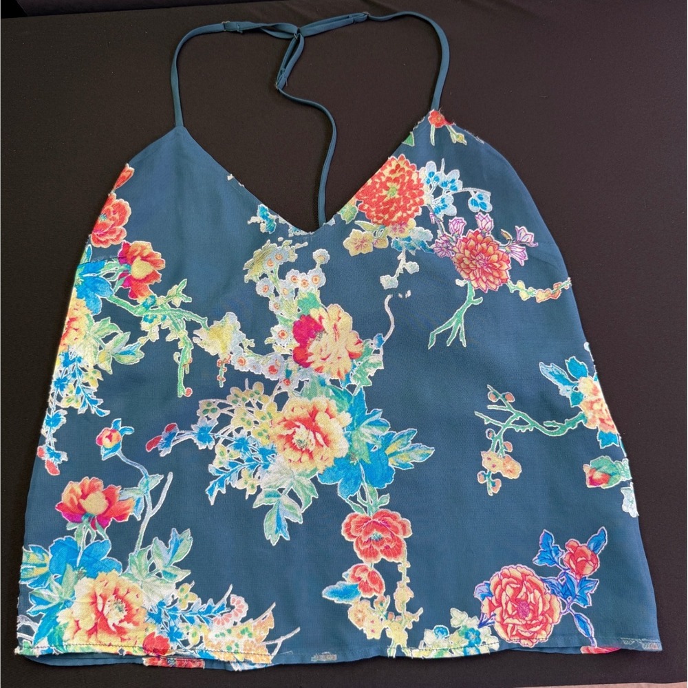 Socialite Floral Halter Cami Top Small Blue Chiffon Boho Summer Blouse Coquette